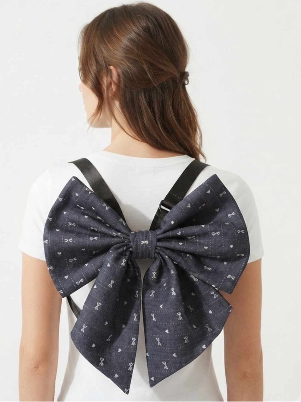 NEW Handmade Jacquard Bow Indigo Blue Denim Bow Statement Backpack